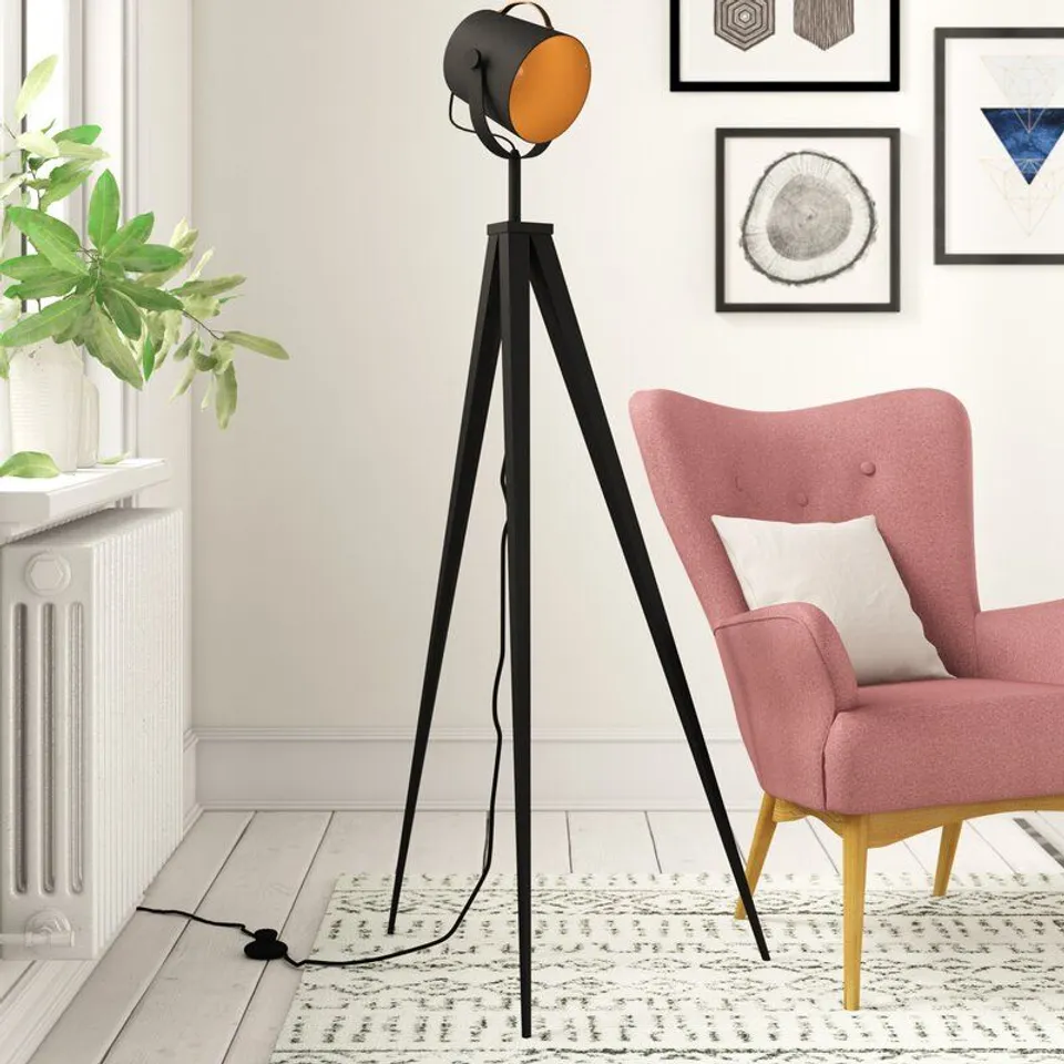 BOXED CARR 150CM TRIPOD FLOOR LAMP WITH BLACK LAMP SHADE 