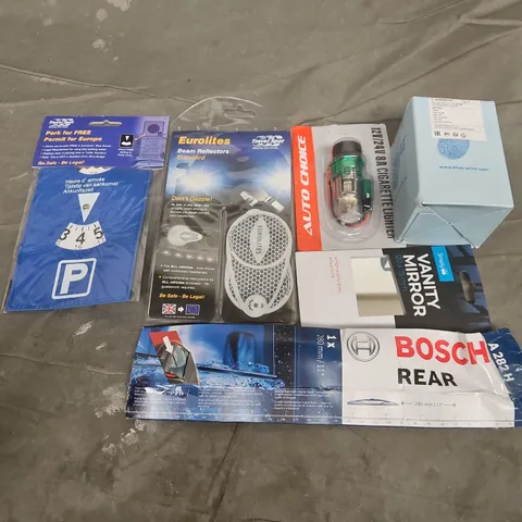 APPROXIMATELY 10 ASSORTED VEHICLE PARTS & ACCESSORIES TO INCLUDE BLUEPRINT OIL FILTER, BOSCH REAR WIPERS, AUTO CHOICE CIGARETTE LIGHTER, ETC, ETC