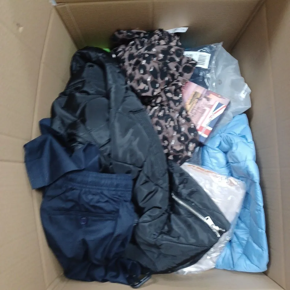 BOX OF ASSORTED CLOTHING ITEMS TO INCLUDE JACKETS, WAIST COAT, PYJAMAS ETC