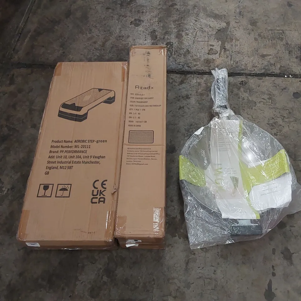 PALLET OF ASSORTED HOUSEHOLD ITEMS AND CONSUMER PRODUCTS TO INCLUDE; AEROBIC STEP, WOK, CHAIR MAT, BOXED FURNITURE ETC 