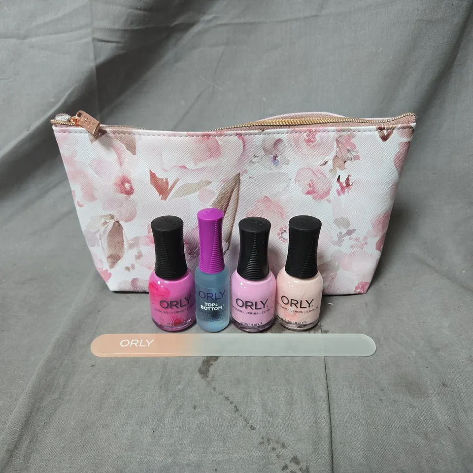 ORLY NAIL POLISH SET WITH FLORAL POUCH – 3 X LACQUER + TOP2BOTTOM + NAIL FILE