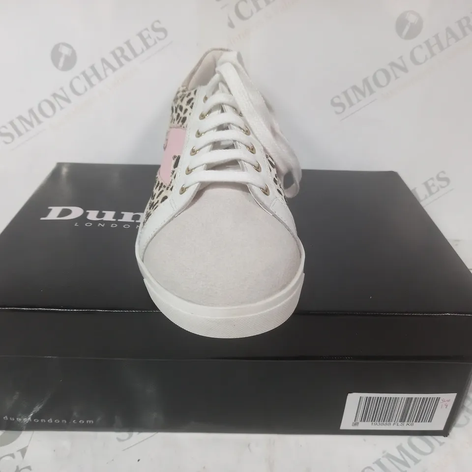 BOXED PAIR OF DUNE LONDON ENERGISED LIGHTNING BOLT TRAINERS IN ANIMAL PRINT/PINK SIZE 6