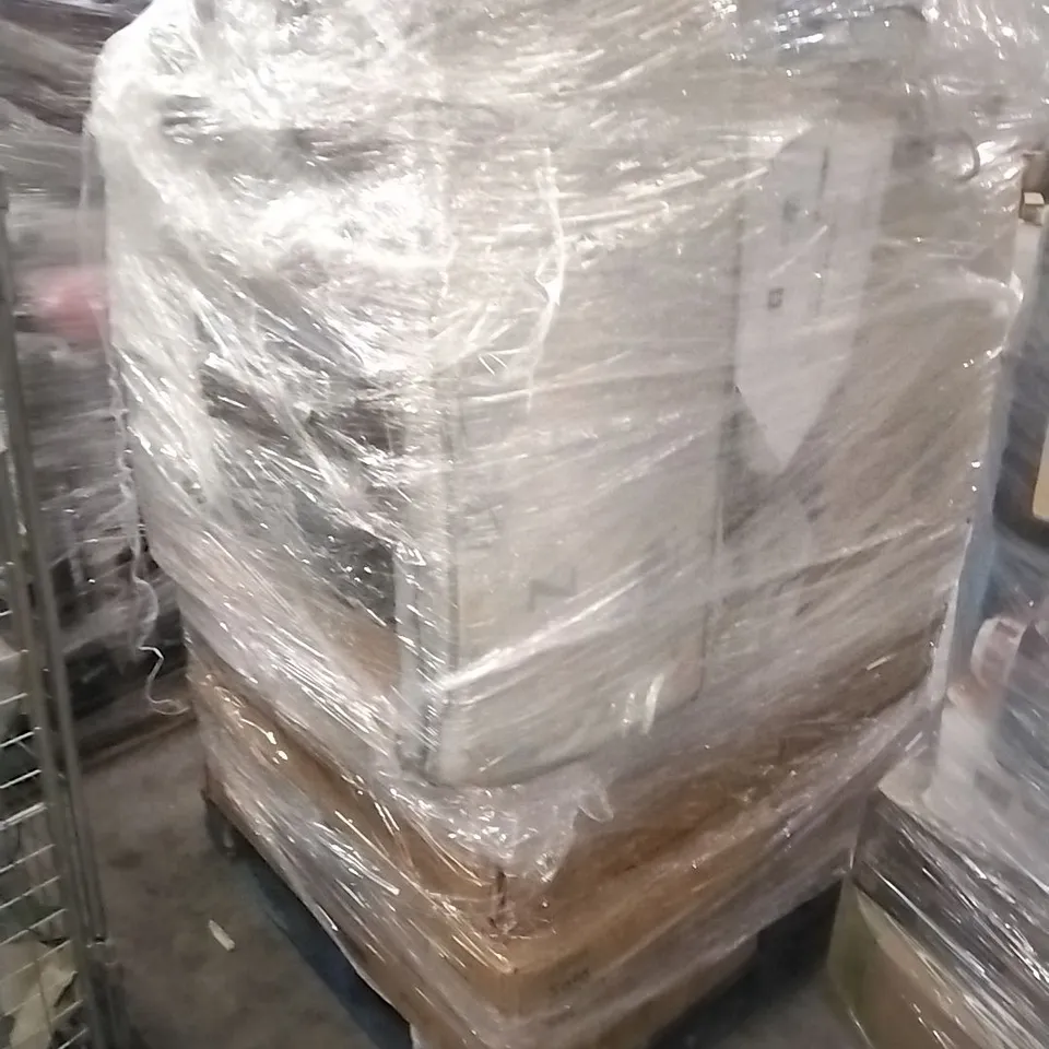 PALLET OF ASSORTED HOUSEHOLD GOODS AND PRODUCTS TO INCLUDE; HOOVERS, SUITCASES, CHAIRS, BAMBOO SHOE RACK, 4 SEATER RATTAN SET ETC
