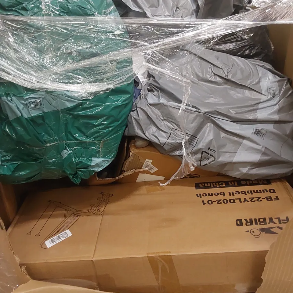 PALLET OF ASSORTED HOUSEHOLD ITEMS AND CONSUMER PRODUCTS TO INCLUDE; INDOOR INSECT KILLER, LED MIRROR LIGHT, TOILET SEAT, DUMBELL BENCH, BOXED FURNITURE ETC 