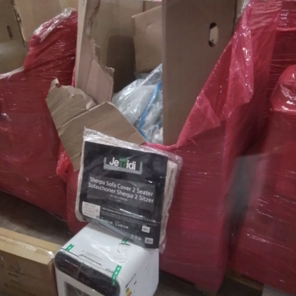 PALLET OF ASSORTED HOUSEHOLD GOODS AND FURNITURE TO INCLUDE;COMFEE MINIATURE DISH WASHER, DONYER POWER CONVECTOR HEATER, SHERPA SOFA COVER 2 SEATER ETC 