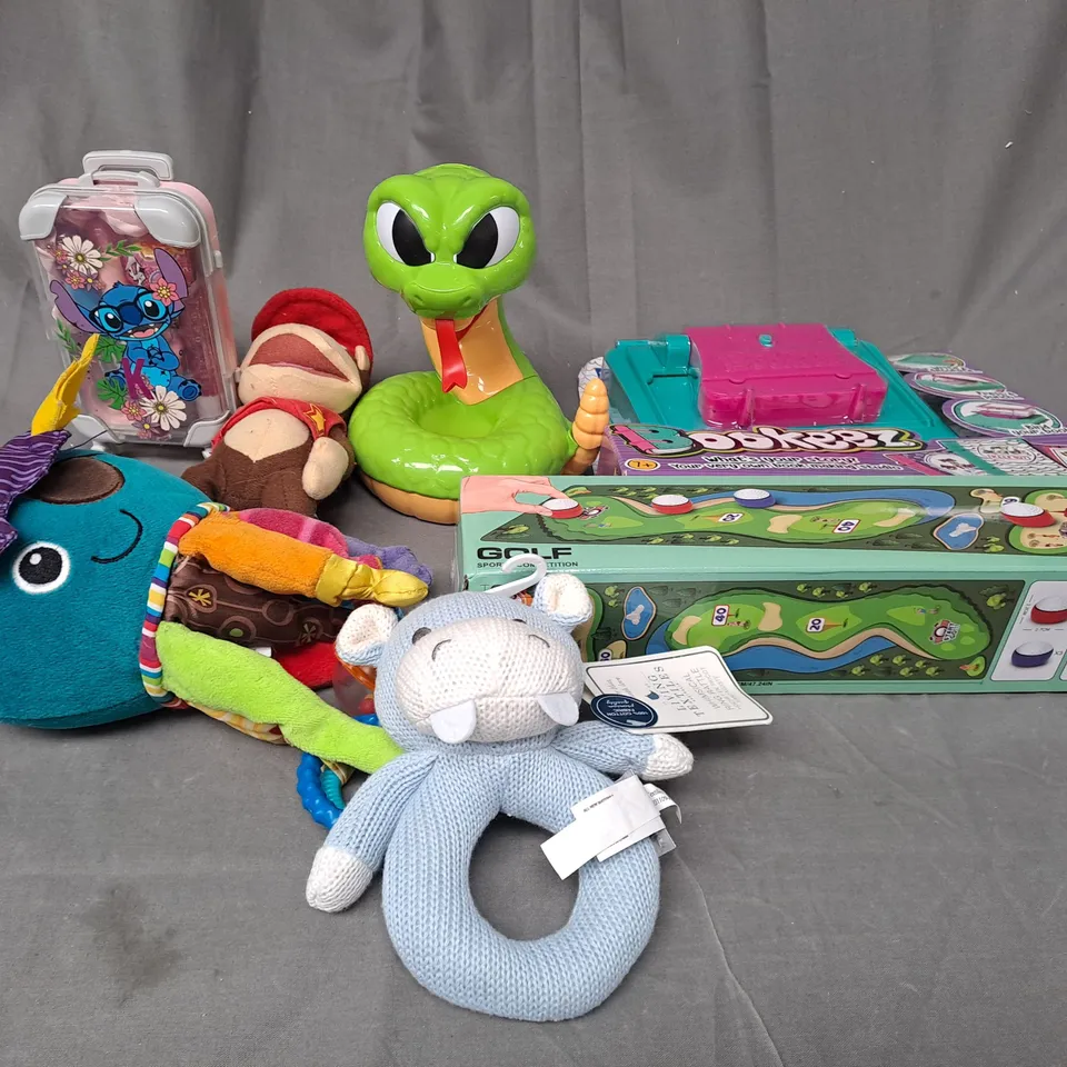MEDIUM BOX OF ASSORTED TOYS AND GAMES TO INCLUDE STITCH, BABY TOYS AND LAMAZE