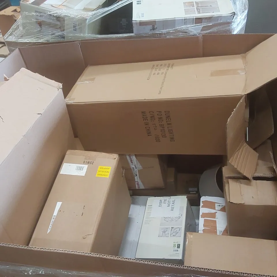 PALLET CONTAINING A VERY LARGE QUANTITY OF ASSORTED DESIGNER LIGHTING PRODUCTS INCLUDING: BELDI TABLE LAMP, CHARLESTON CEILING LIGHT, ESME CHANDELIER ECT
