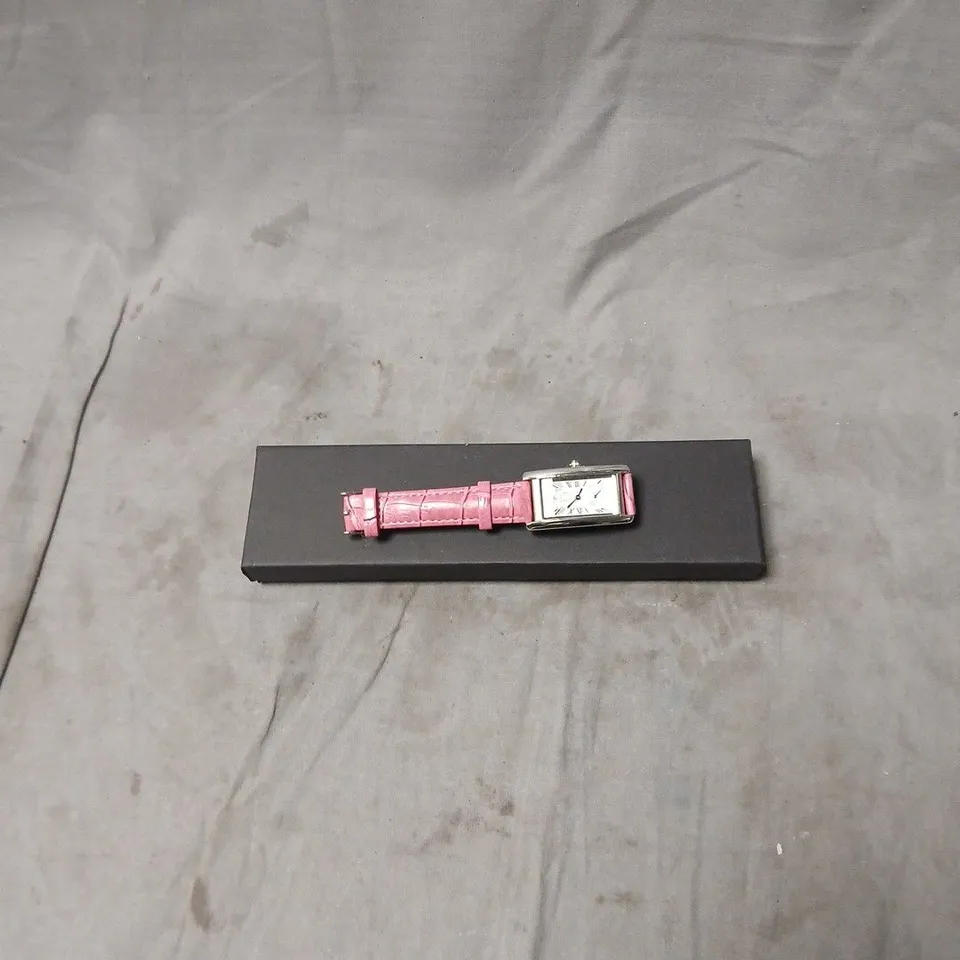 RECTANGULAR WATCH WITH PINK CROCODILE-EMBOSSED LEATHER STRAP AND BLUE CABOCHON CROWN