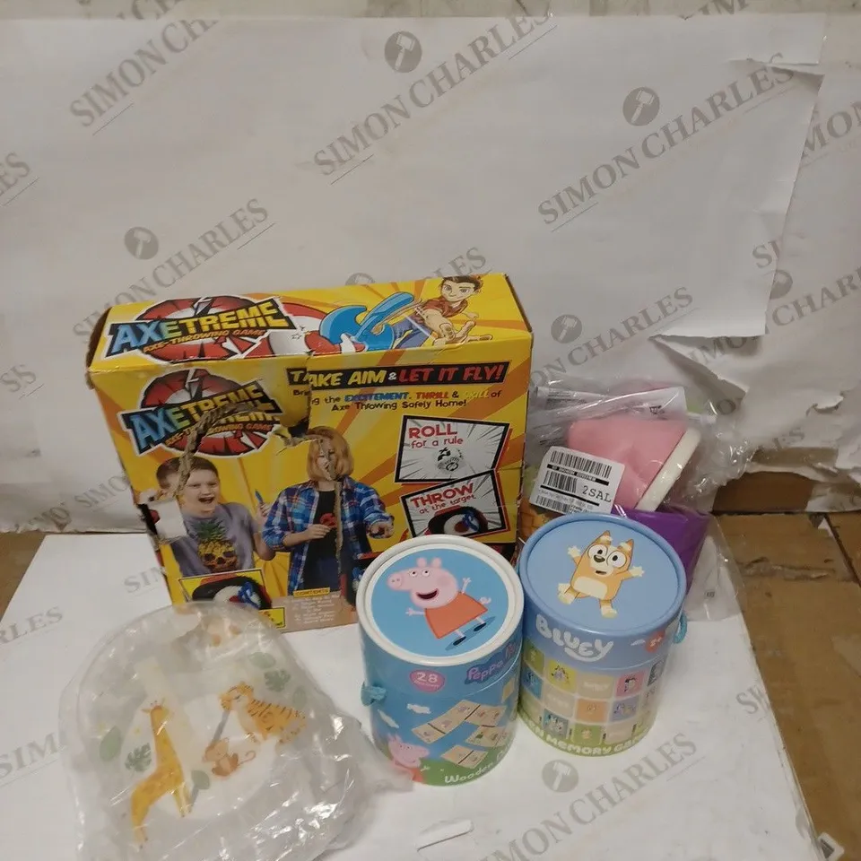 BOX OF 4 ASSORTED CHILDRENS GAMES & PRODUCTS TO INCLUDE AXETREME, BLUEY MEMORY GAME, CRY BABIES MAGIC TEARS ETC 