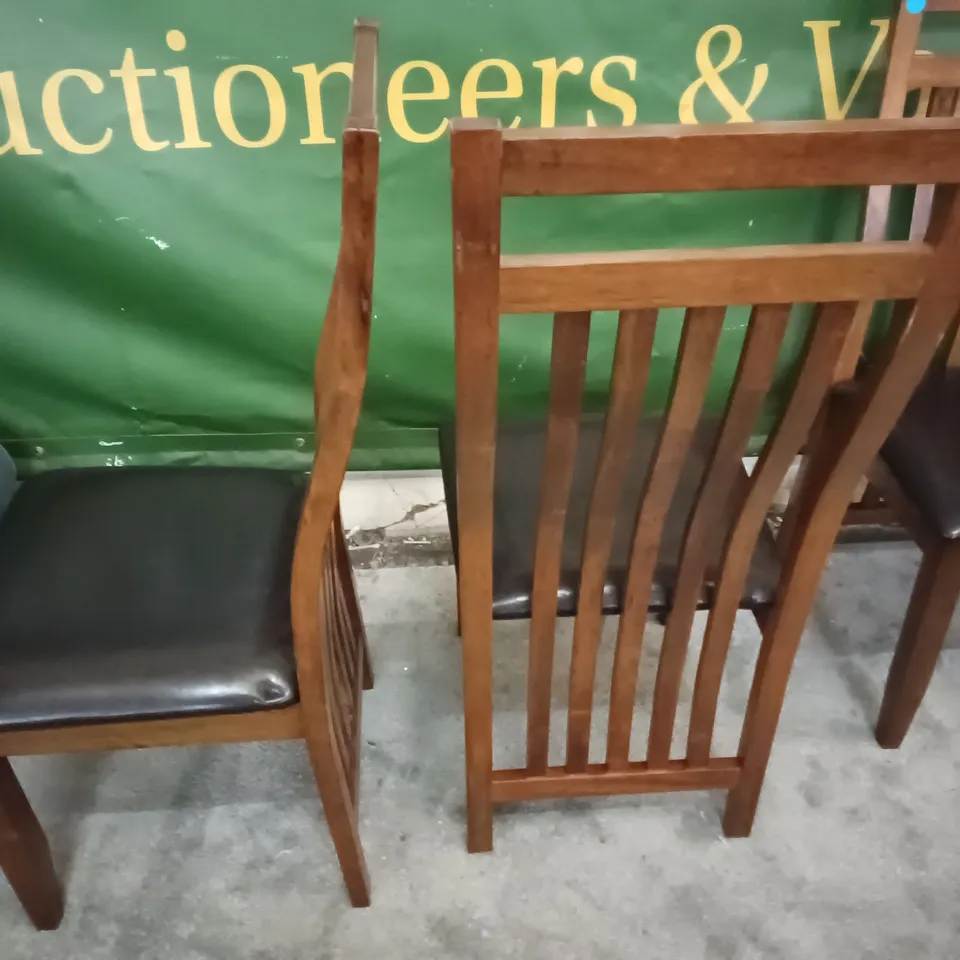 SET OF 4 WOODEN DINING CHAIRS WITH BLACK FAUX LEATHER SEAT PADS 