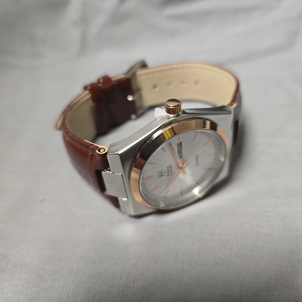 MENS ERNEST FERDINAND WATCH – DAY DATE CALENDAR DIAL – LEATHER STRAP 