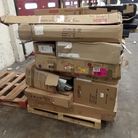 PALLET OF ASSORTED HOUSEHOLD GOODS AND PRODUCTS TO INCLUDE; GARDEN FURNITURE PARTS, PROJECTOR SCREENS, COAT HANGERS ETC