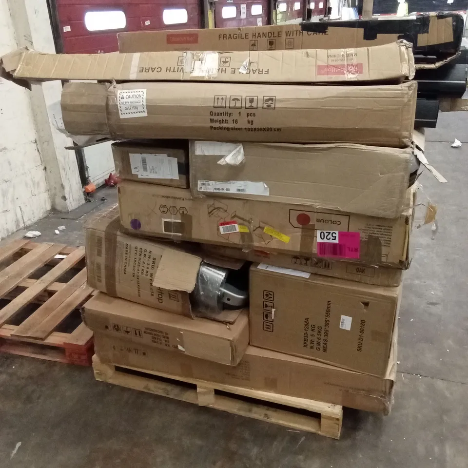 PALLET OF ASSORTED HOUSEHOLD GOODS AND PRODUCTS TO INCLUDE; GARDEN FURNITURE PARTS, PROJECTOR SCREENS, COAT HANGERS ETC