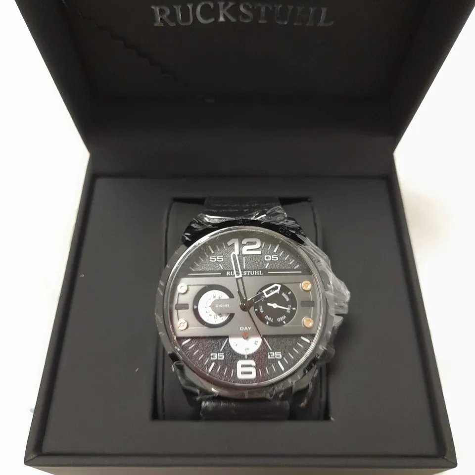 RUCKSTUHL TRIPLE DIAL BLACK LEATHER STRAP WRISTWATCH