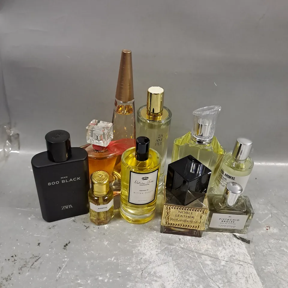 APPROXIMATELY 10 ASSORTED UNBOXED FRAGRANCES TO INCLUDE - ISSEY MIYAKE PURE - ZARA AMBER FUSION - YVES SAINT LAURENT NOBLE LEATHER - ETC - COLLECTION ONLY