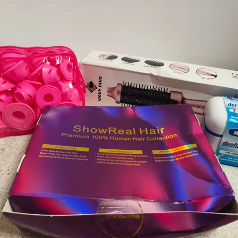 APPROX 12 ASSORTED BEAUTY PRODUCTS TO INCLUDE ROUND HAIR BRUSH, WISDOM DENTURE BATH, HAIR EXTENSION PIECES, ETC