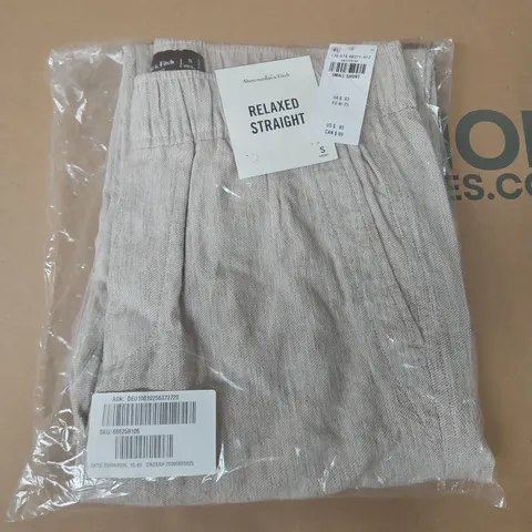 BAGGED ABERCROMBIE & FITCH LINEN-BLEND RELAXED STRAIGHT PULL-ON PANTS IN LIGHT BEIGE - SMALL SHORT 