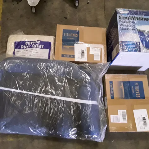 PALLET OF ASSORTED PRODUCTS INCLUDING COTTON DUST SHEET, PET BED, AD SHELF, PORTABLE WASHING MACHINE