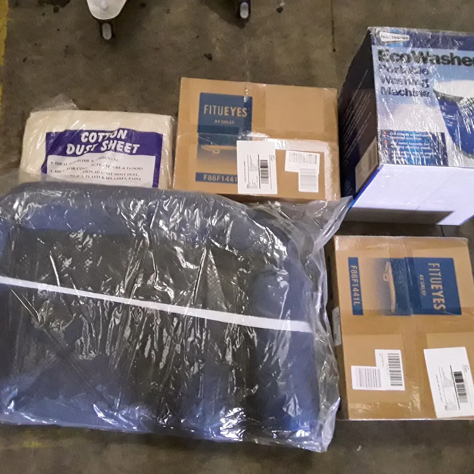 PALLET OF ASSORTED PRODUCTS INCLUDING COTTON DUST SHEET, PET BED, AD SHELF, PORTABLE WASHING MACHINE