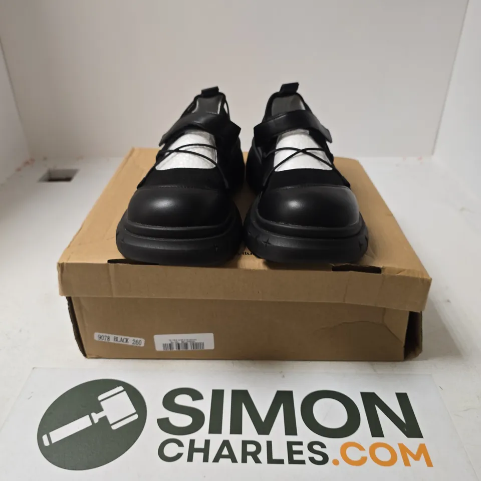 BOXED PAIR OF ASYLLUM SHOES IN BLACK - SIZE UNSPECIFIED