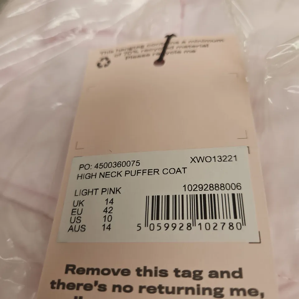 MISSGUIDED HIGH NECK PUFFER COAT – LIGHT PINK, UK 14 (EU 42 US 10 AUS 14)