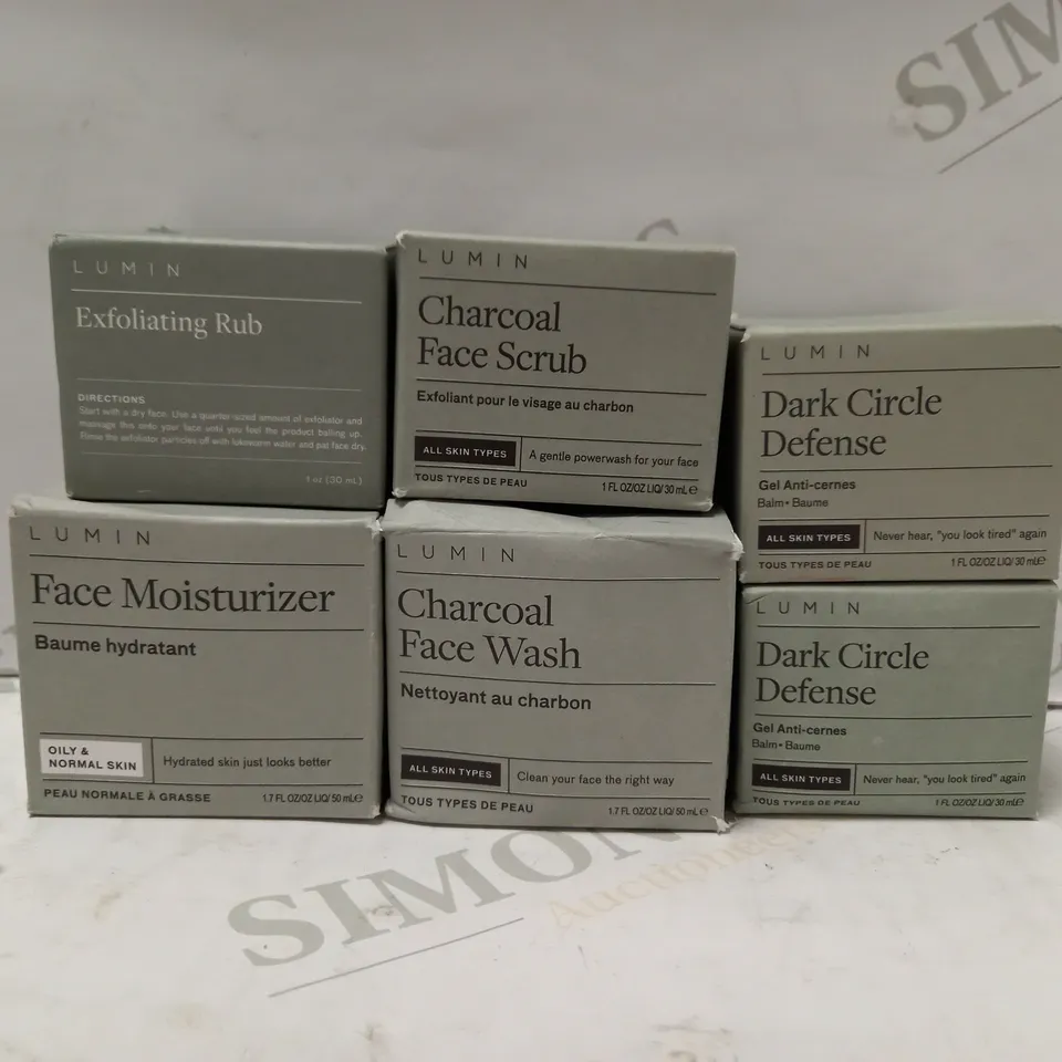 LOT OF 6 ASSORTED LUMIN PRODUCTS TO INCLUDE EXFOLIATING RUB, DARK CIRCLE DEFENSE, CHARCOAL FACE WASH, ETC 