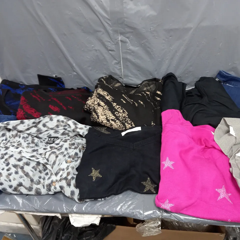 BOX OF APPROXIMATELY 10 ASSORTED PIECES OF CLOTHING IN VARIOUS STYLES, SIZES, AND BRANDS 