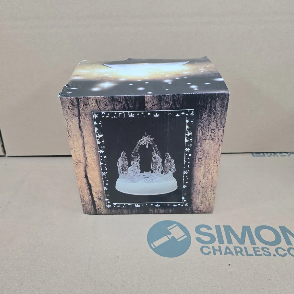 20CM CHRISTMAS PRE-LIT LED MUSICAL NATIVITY SCENE ACRYLIC SCULPTURE BATTERY OPERATED - BOXED