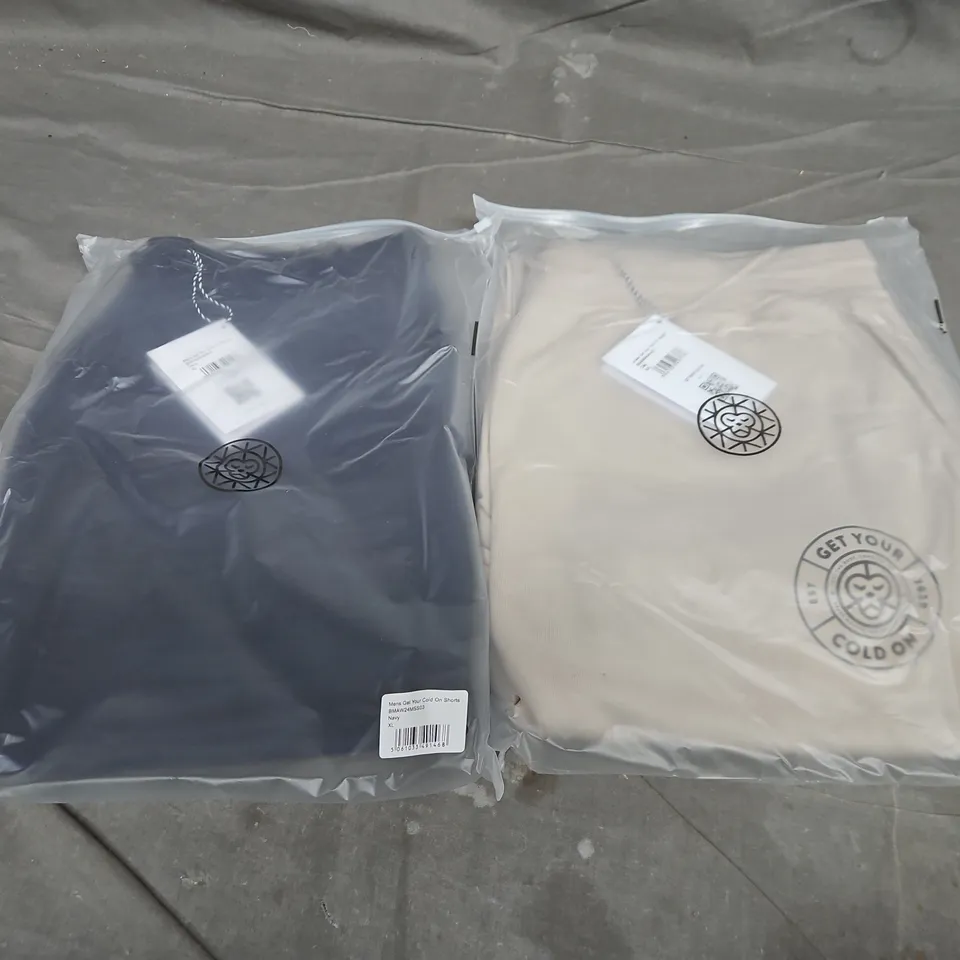 APPROXIMATELY 25 ASSORTED BAGGED CLOTHING ITEMS IN VARIOUS SIZES TO INCLUDE UNISEX GET YOUR COLD ON JOGGERS IN CLAY & MENS GET YOUR COLD ON SHORTS IN NAVY