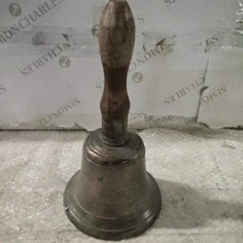 VINTAGE CAST METAL BELL WITH WOODEN HANDLE