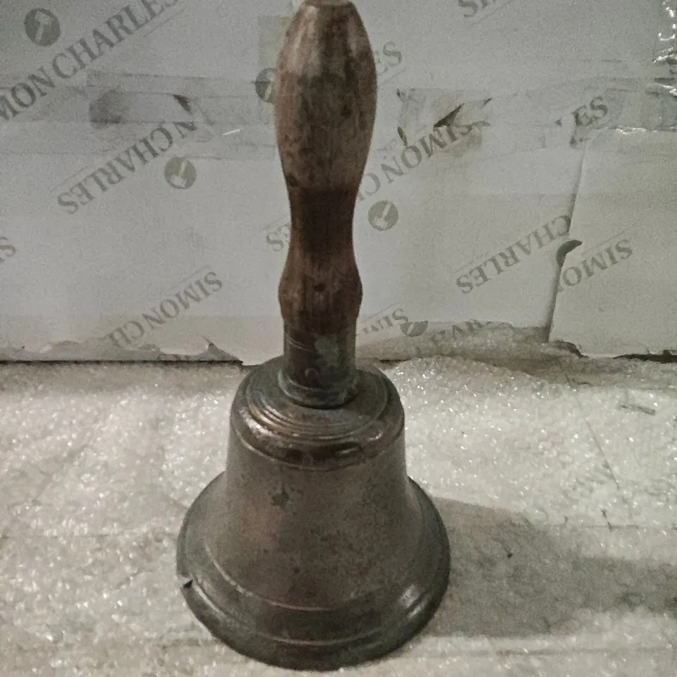 VINTAGE CAST METAL BELL WITH WOODEN HANDLE