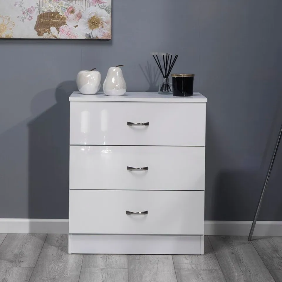 BOXED WHITE BRENDLE 3 DRAWER 60CM CHEST OF DRAWERS 