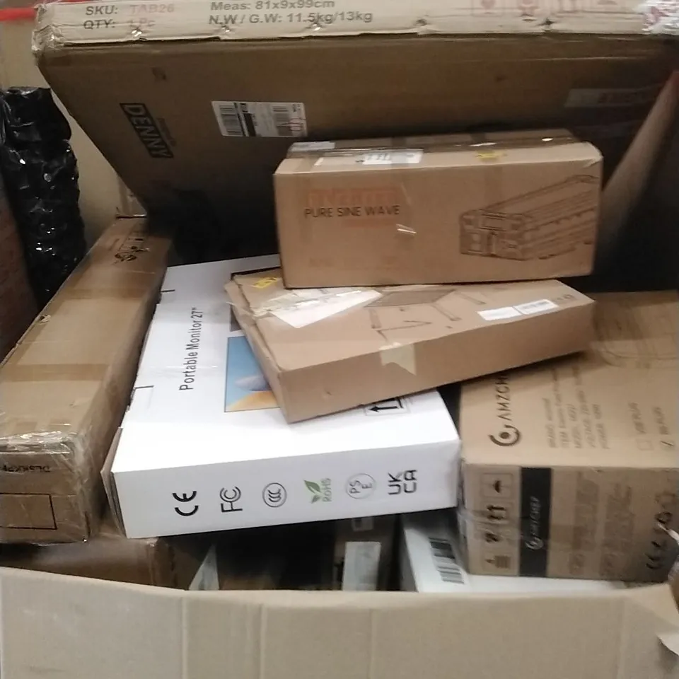 PALLET OF ASSORTED HOUSEHOLD GOODS AND PRODUCTS TO INCLUDE; PORTABLE MONITOR, TABLE, FOOD PROCESSOR, BOXED FURNITURE ETC