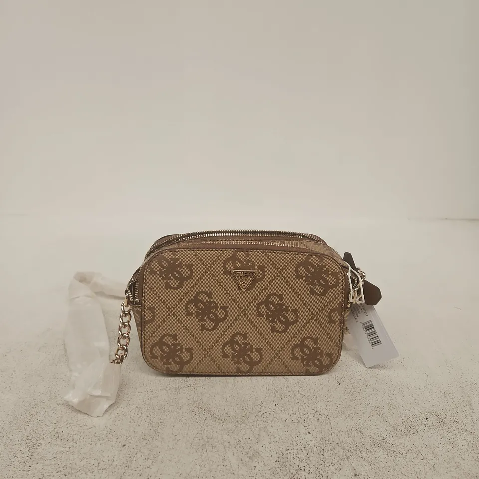 GUESS HANDBAG – LATTE BROWN MONOGRAM CROSSBODY BAG