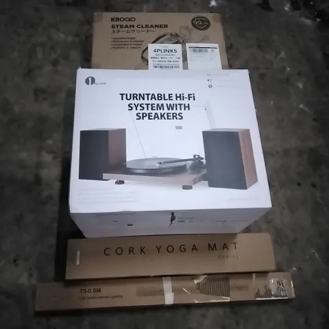PALLET OF HOUSEHOLD ITEMS TO INCLUDE STEAM CLEANER, TURNTABLE HIFI SYSTEM WITH SPEAKERS, CORK YOGA MAT, LED UNDER CABINET LIGHTING AND OTHER ASSORTED ITEMS...