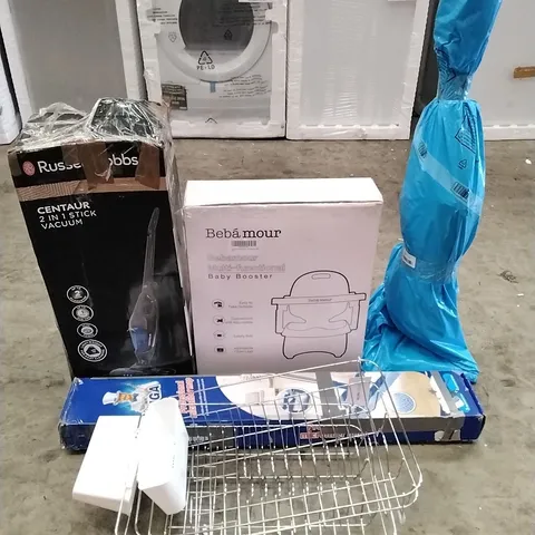 A PALLET OF VARIOUS ITEMS TO INCLUDE. Hoovers, dish racks, baby booster and microfiber mop