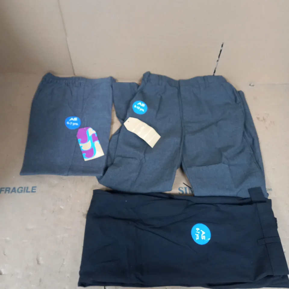BOX OF APPROX 25 ASSORTED SCHOOL CLOTHING ITEMS IN VARIOUS SIZES TO INCLUDE - AS TROUSERS IN BLACK 11-12 YEARS, AS GREY STRAIGHT LEG TROUSERS6-7 YEARS , AS GREY TROUSERS 9-10 YEARS ETC