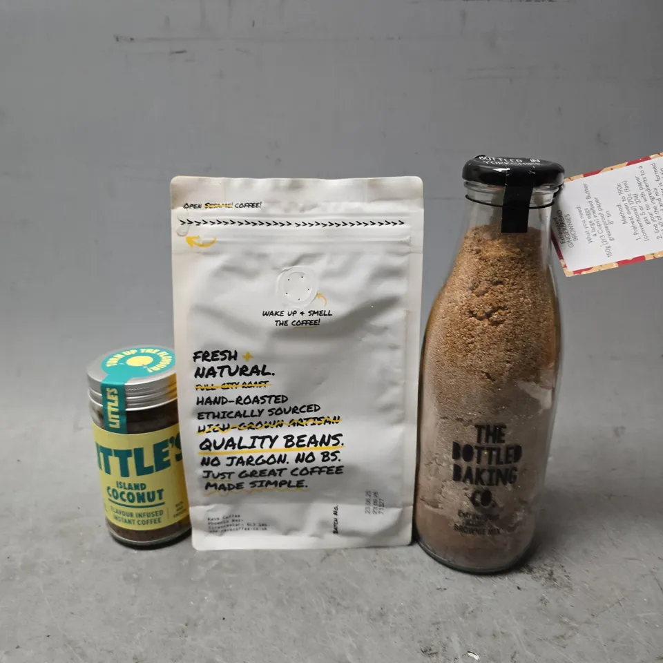APPROXIMATELY 12 ASSORTED FOOD & DRINK ITEMS TO INCLUDE - THE BOTTLED BAKING CO BROWNIE MIX , LITTLES ISLAND COCONUT INSTANT COFFEE ETC