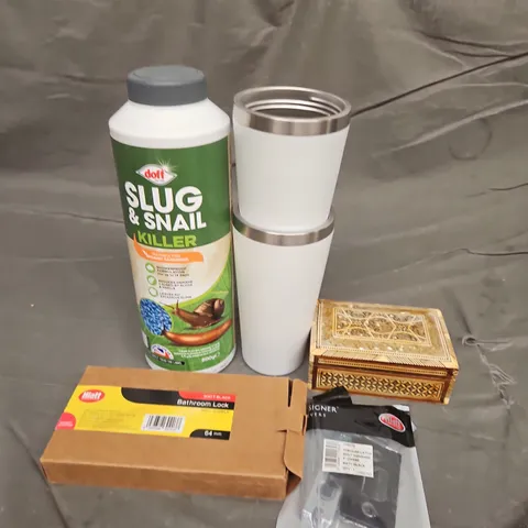 TOTE OF APPROXIMATELY 10 ASSORTED HOUSEHOLD ITEM TO INCLUDE BATHROOM LOCK, SLUG AND SNAIL KILLER AND TUBULAR LATCH
