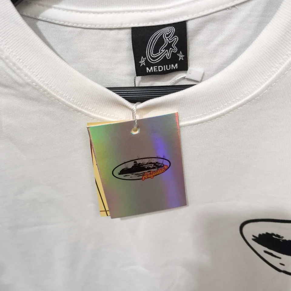 WHITE T-SHIRT WITH BLACK OVAL BOAT LOGO – MEDIUM  AUTHENTIC BRAND