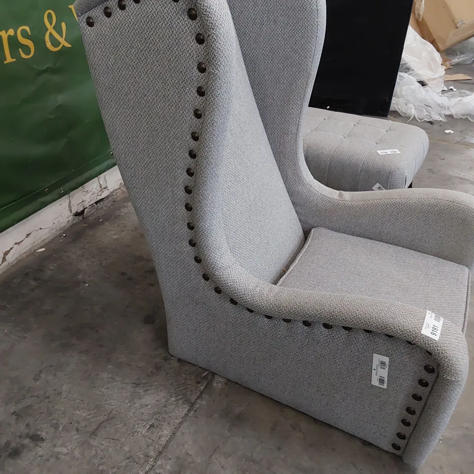 DESIGNER HIGH BACKED WINGED EASY CHAIR GREY FABRIC WITH STUDDED DETAIL 