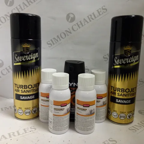 BOX OF APPROX 20 ASSORTED AEROSOLS INCLUDING SOVEREIGN AIR SANITISER, RUBBERMAID AIR NEUTRALISER AND LYNX DARK TEMPTATION - COLLECTION ONLY