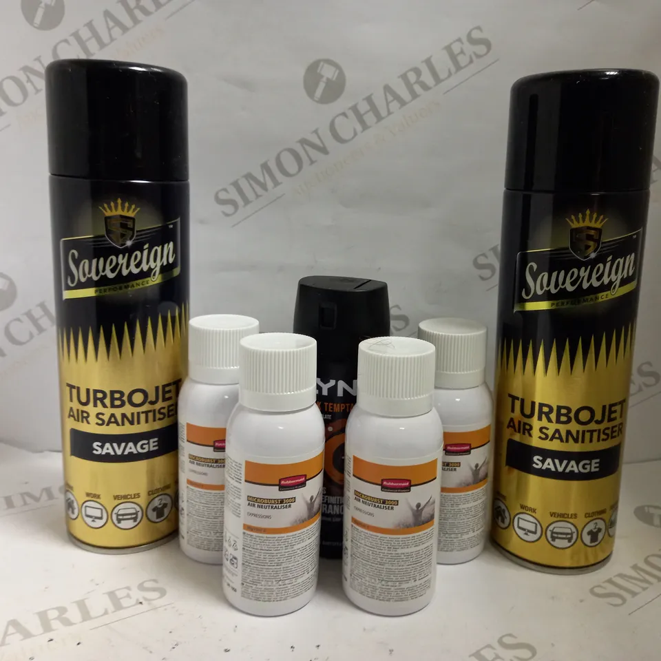 BOX OF APPROX 20 ASSORTED AEROSOLS INCLUDING SOVEREIGN AIR SANITISER, RUBBERMAID AIR NEUTRALISER AND LYNX DARK TEMPTATION - COLLECTION ONLY