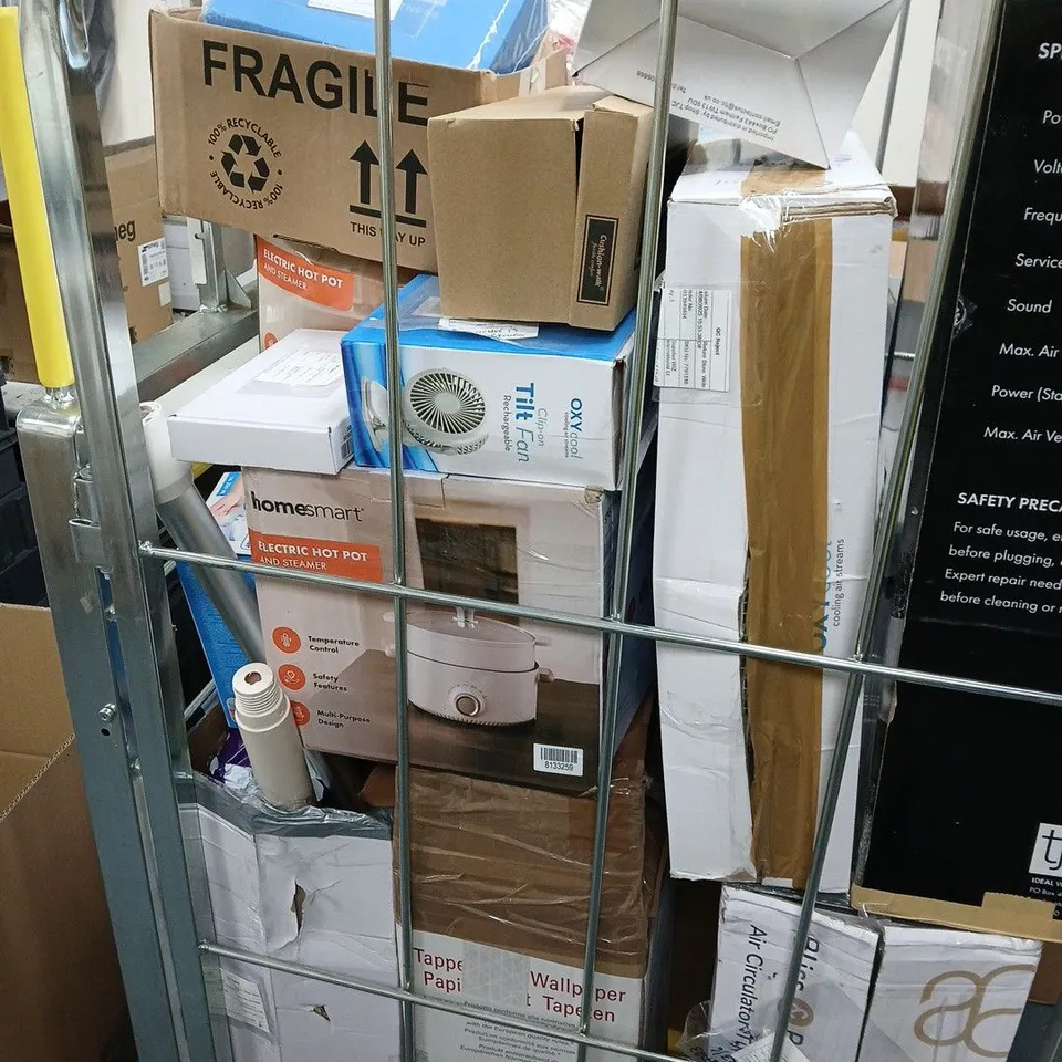 ASSORTED HOME APPLIANCES & PACKING MATERIALS LOT – VACUUMS, BLADELESS AIR COOLER & BOXES CAGE OF ASSORTED HOUSEHOLD GOODS APPROXIMATELY 20 ITEMS .DAMAGED SPARES AND  REPAIRS ITEMS .