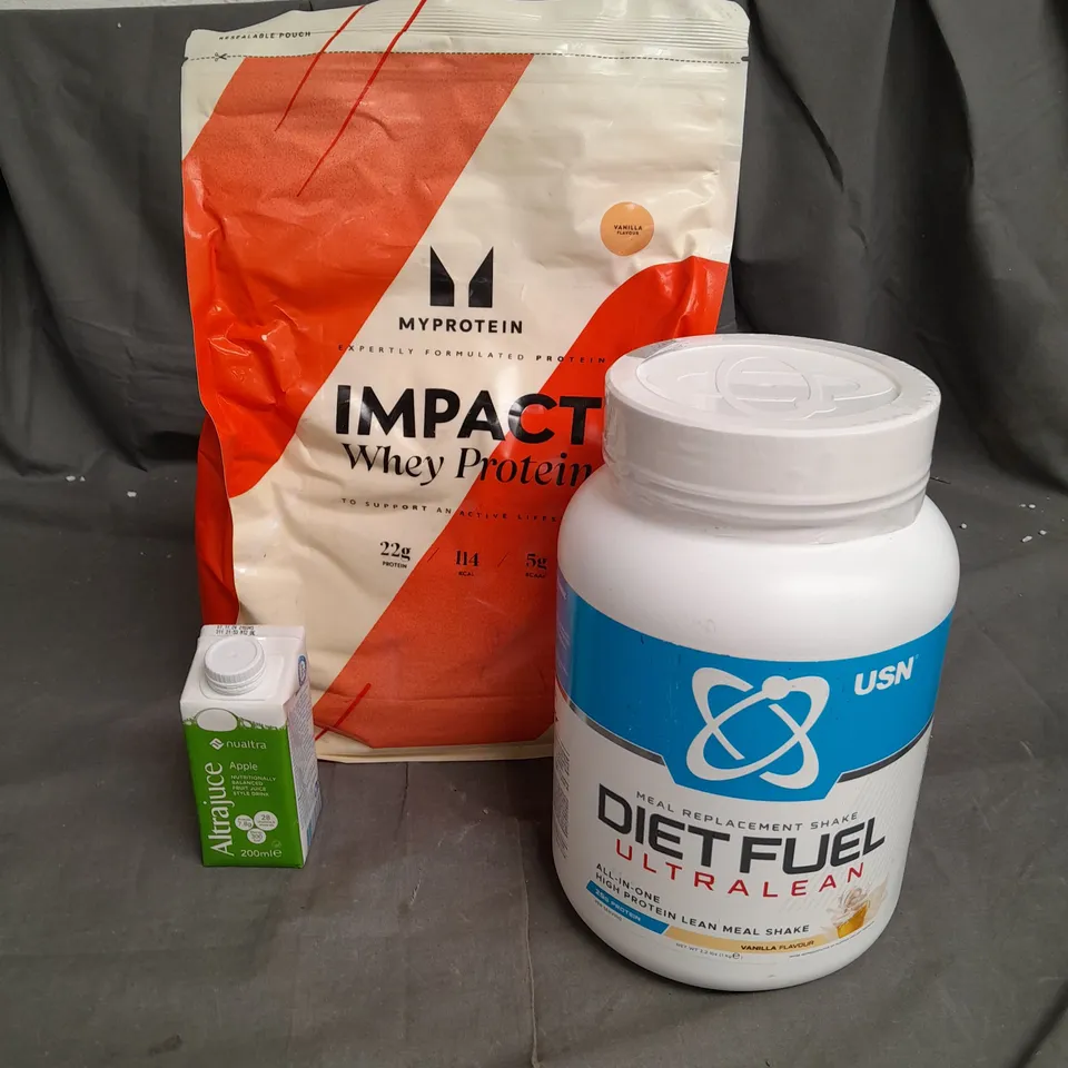 3 ASSORTED FOOD ITEMS TO INCLUDE MY PROTEIN IMPACT WHEY PROTEIN, DIET FUEL ULTRA LEAN PROTEIN SHAKE, APPLE STYLE JUICE- COLLECTION ONLY 