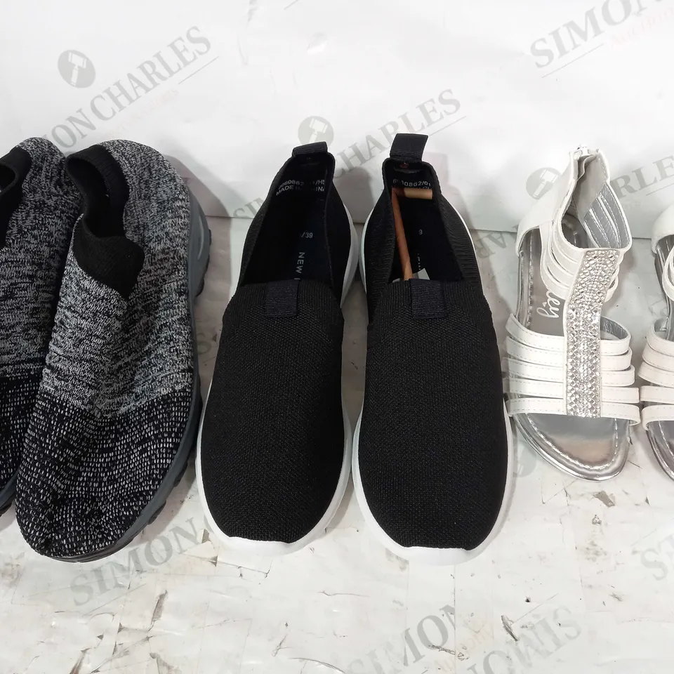 BOX OF APPROXIMATELY 15 ASSORTED PAIRS OF SHOES AND FOOTWEAR ITEMS IN VARIOUS STYLES AND SIZES TO INCLUDE NEW LOOK, LILLEY, ETC