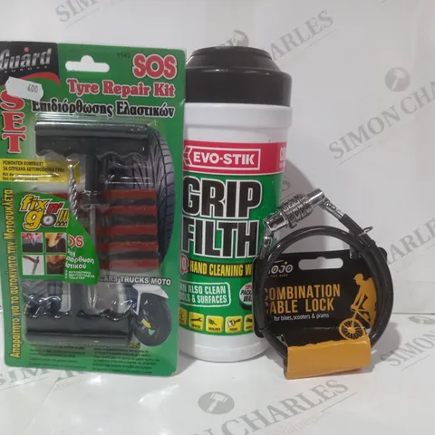 BOX OF APPROXIMATELY 20 ASSORTED VEHICLE PARTS AND ACCESSORY ITEMS TO INCLUDE MOJO COMBINATION CABLE LOCK, EVO-STIK GRIP FILTH HAND CLEANING WIPES, GUARD TYRE REPAIR KIT, ETC