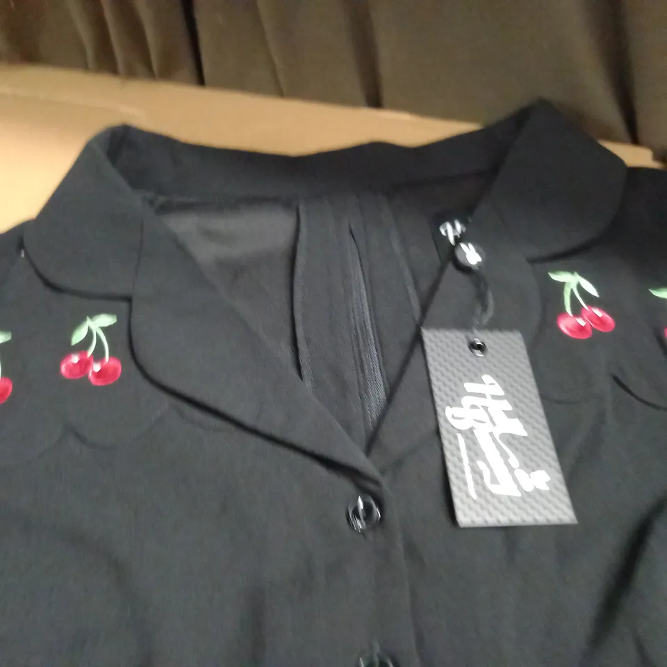 LOT OF 4 HELL BUNNY CHERRY EMBROIDERED BLACK DRESSES - VARIOUS SIZES