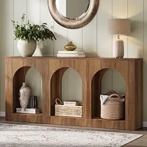 BOXED TRIBESIGNS FARMHOUSE CONSOLE TABLE WITH 3 ARCHED STORAGE SHELVES, 160CM NARROW WOODEN HALLWAY TABLE, SOFA TABLE BEHIND COUCH FOR LIVING ROOM, BROWN