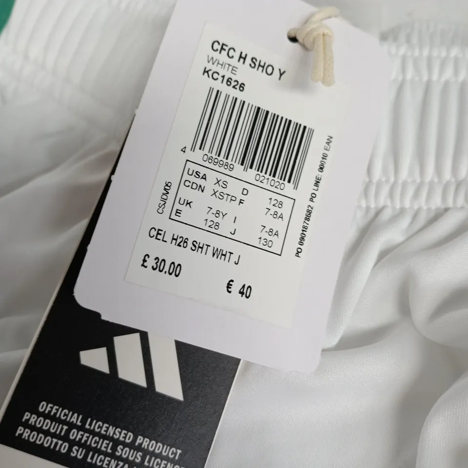 ADIDAS CELTIC FC WHITE/GREEN SHORTS CHILDRENS AGE 7 - 8 YEARS